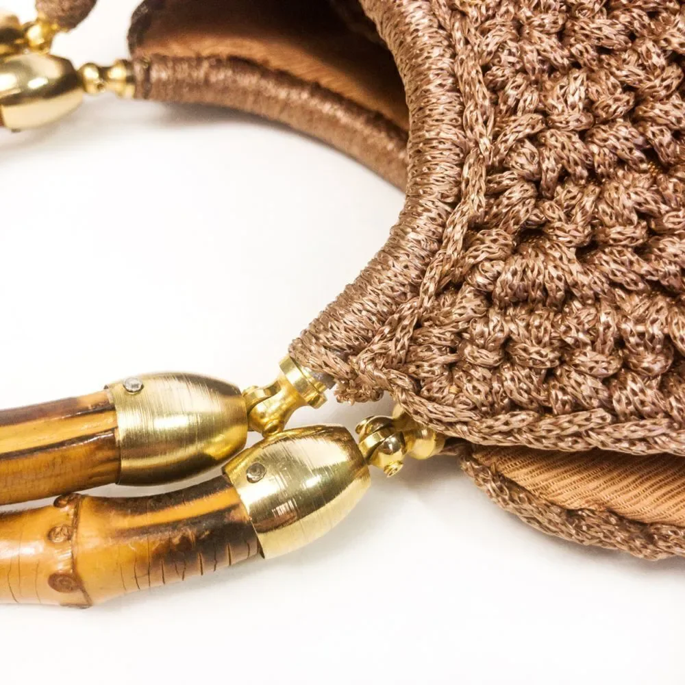 Vintage Brandeis Brown Macrame Clamshell Handbag Bamboo Handles - Picture 5 of 13